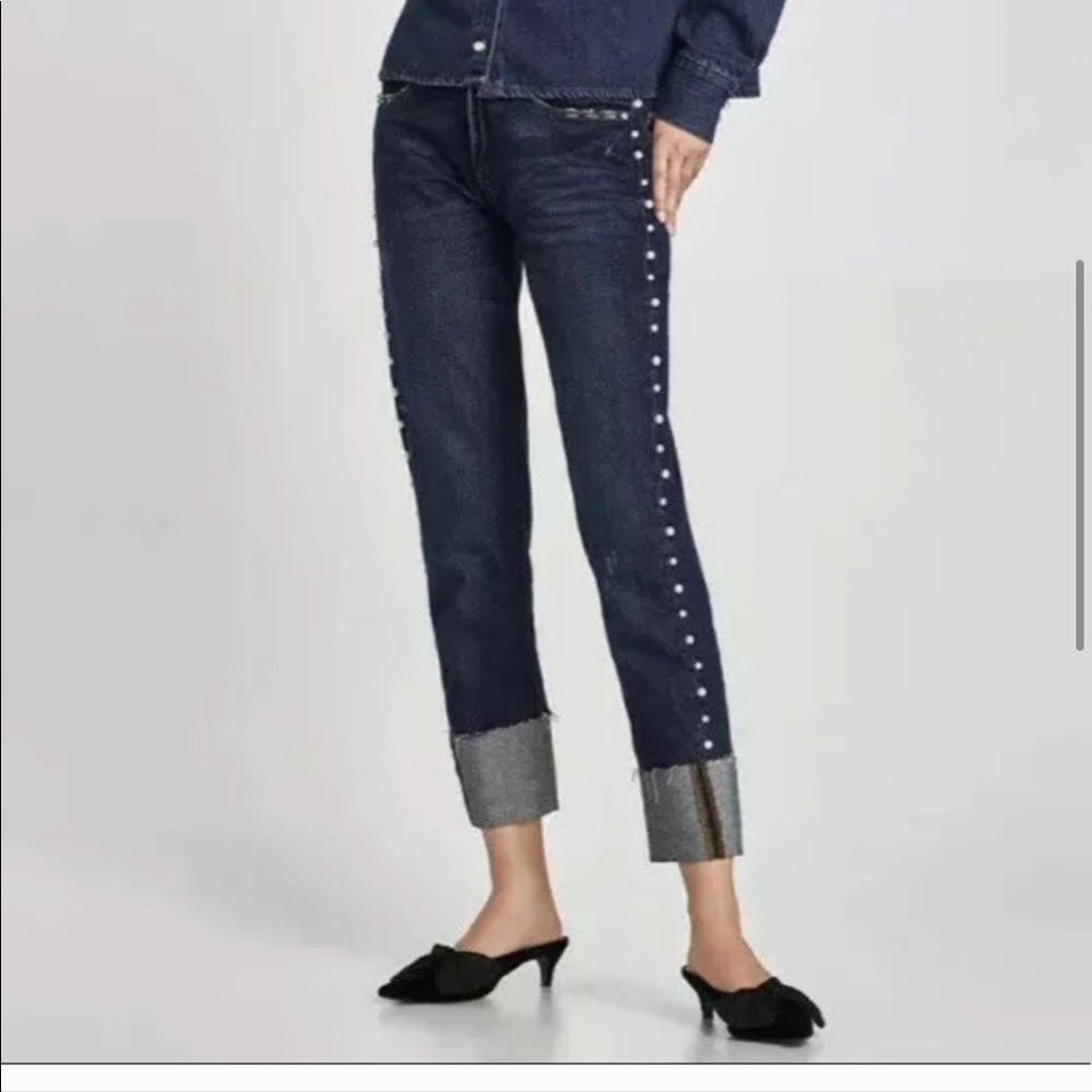 Zara blue cropped jeans pearls raw hem Denim 6